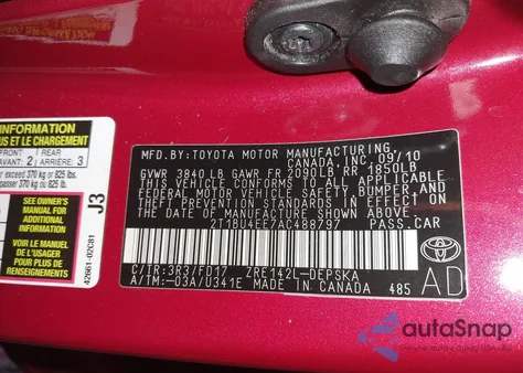 2010 Toyota Corolla S from USA, damaged, VIN 2T1BU4EE7AC488797